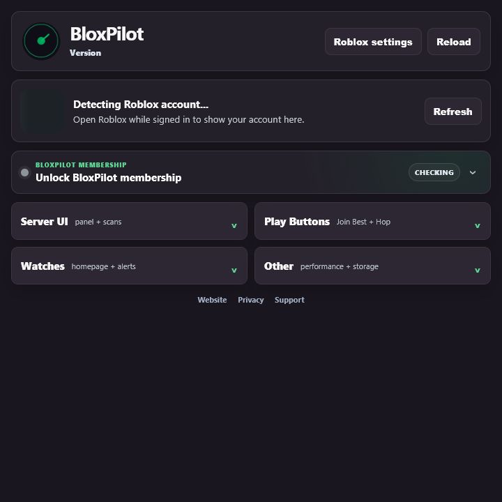 Current BloxPilot popup with graphite feature controls and forest-green status accents