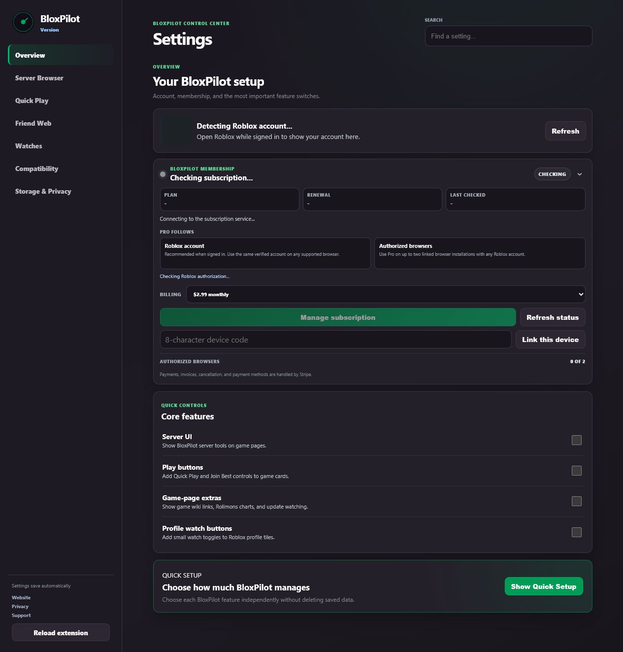 Current BloxPilot settings page with a graphite control center and forest-green selected states