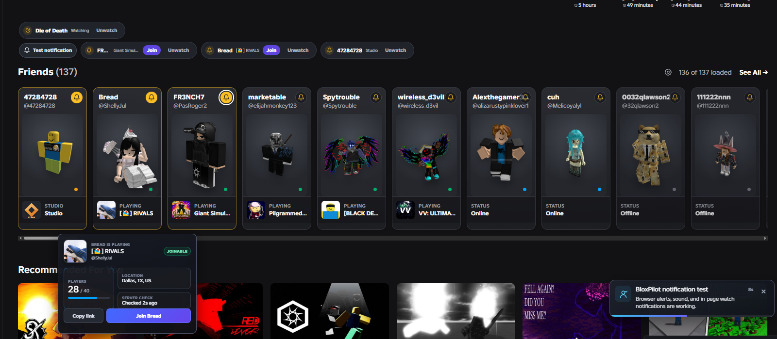 BloxPilot in-page notification toast shown on the Roblox home page with friend cards
