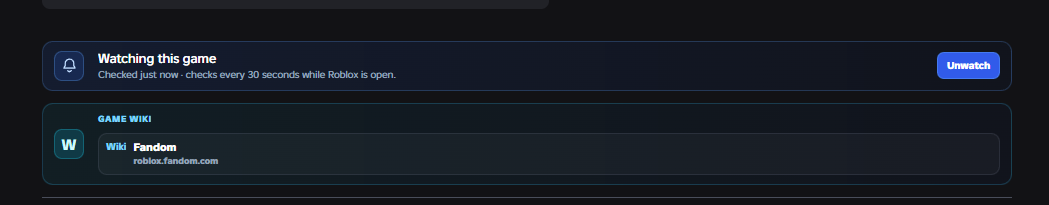 BloxPilot game watchlist status integrated into a Roblox game page