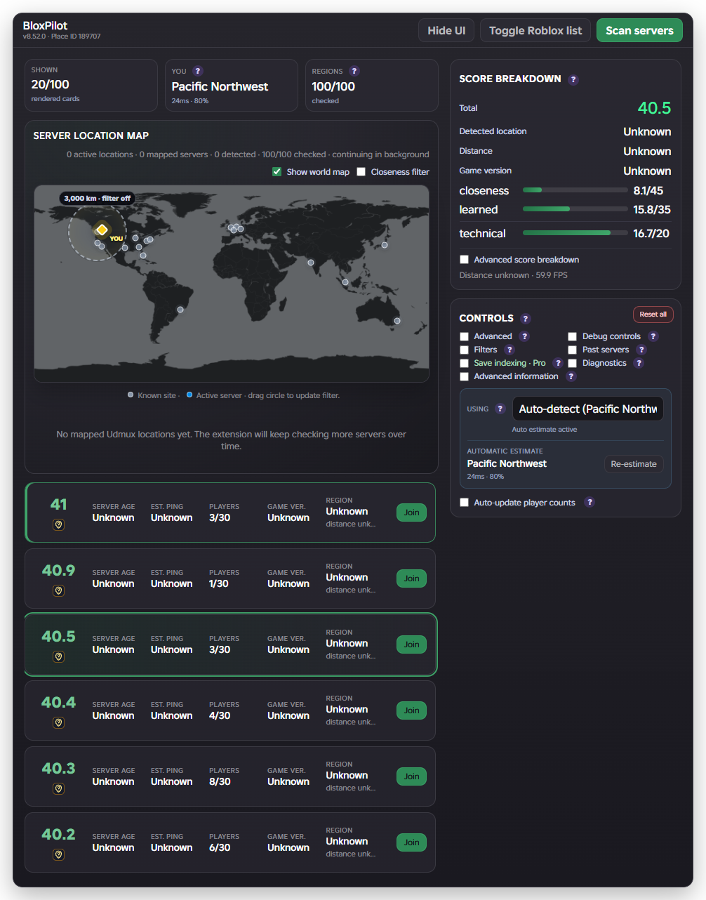 Live BloxPilot Server UI with Roblox-grey panels, a world map, ranked servers, and forest-green actions