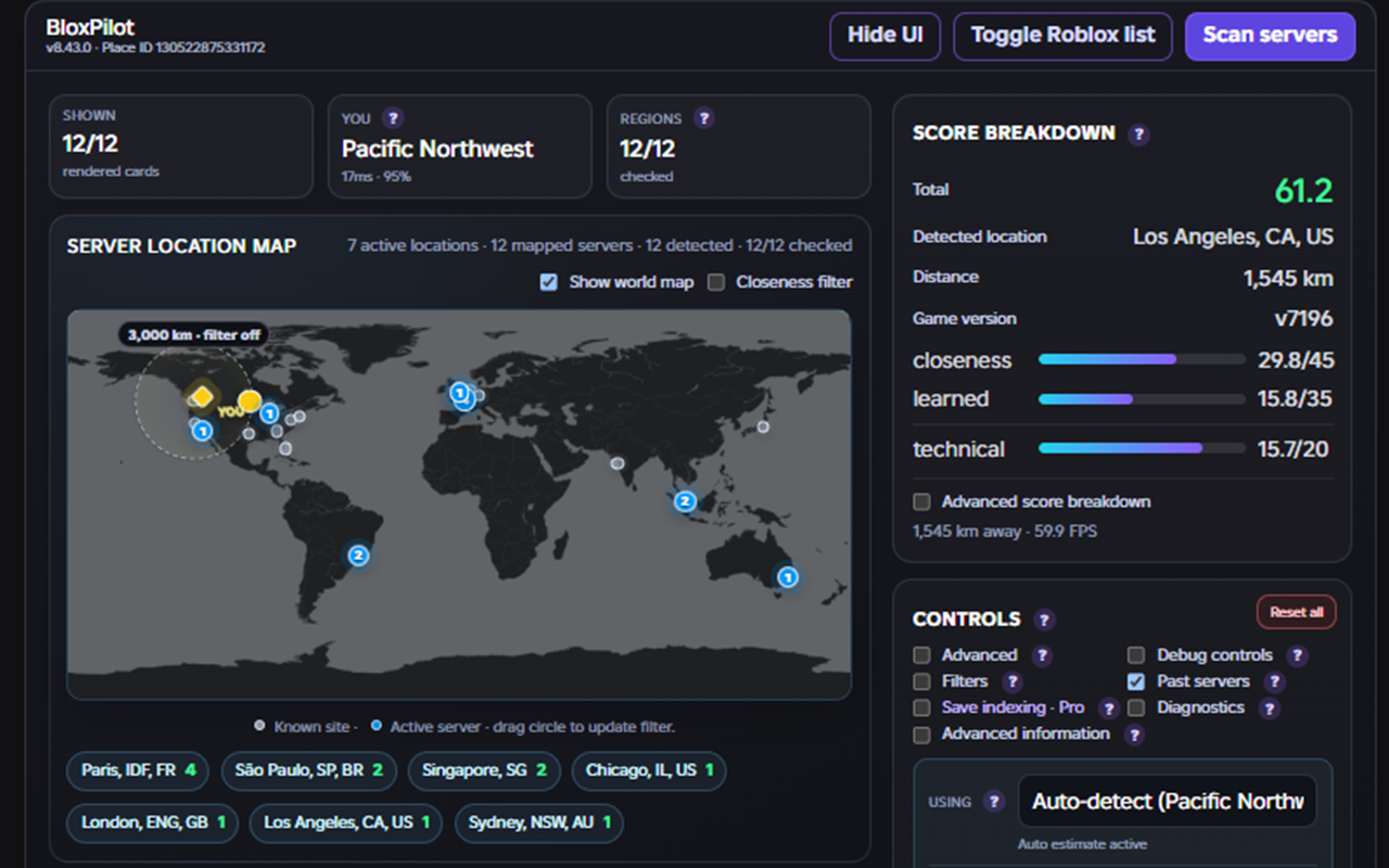 Full BloxPilot server dashboard showing the map, score breakdown, controls, and server actions