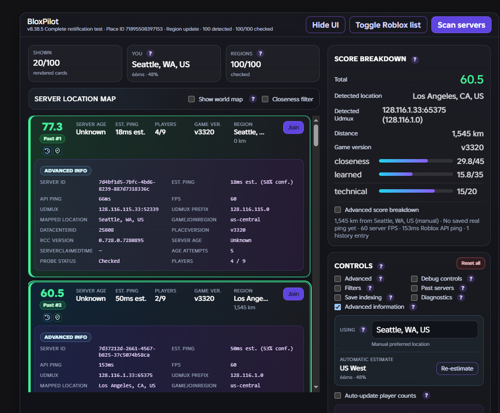 BloxPilot server dashboard showing scores, estimated ping, regions, and advanced server information